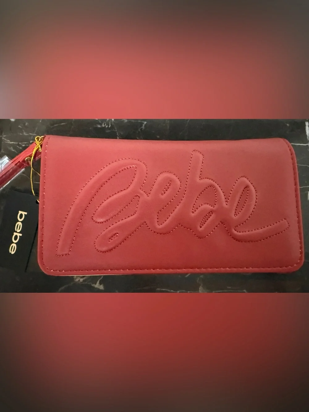 bebe Red Quilted Script Logo Continental Wallet